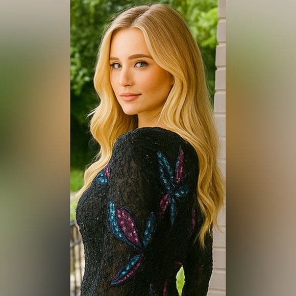 VINTAGE SILK CARINA SEQUIN Black Long Sleeve Shift Dress Beaded M - Picture 13 of 14